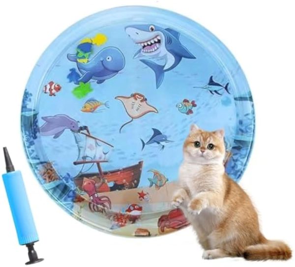 Summer Cat Water Mat, Pet Water Sensory Play Mat Cat Water Play Mat for Indoor Cats, Cat Water Mat with Fish, Ocean Themed Mat for Cats