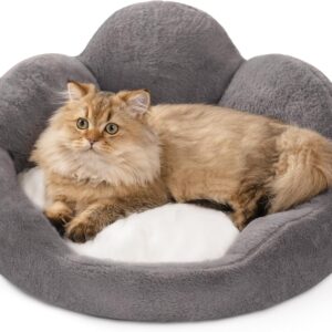 MEWOOFUN Fluffy Cat Bed, Washable Flower Sofa for Indoor Cats & Small Dogs, Non-Slip Bottom, Grey, 23 inch