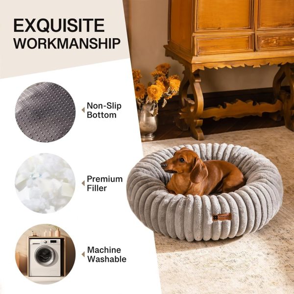 MEWOOFUN Cat Bed, Washable Beds for Indoor Cats, Cute Donut Bed Fluffy Pet Bed with Non-Slip Bottom, Calming Round Bed for Puppy and Kitten (Light Brown) - Image 3