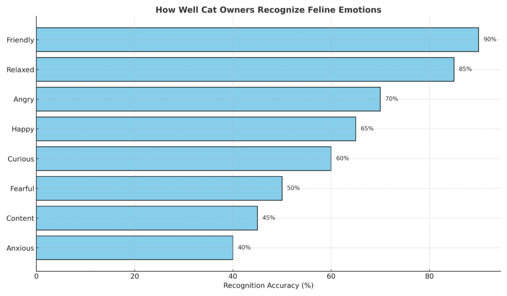 Chart showing accuracy in recognizing feline emotions from Friendly to Anxious