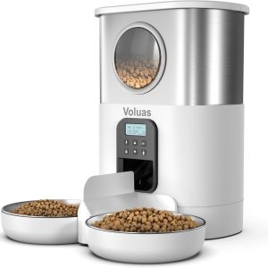 VOLUAS Automatic Cat Feeders for Two Cats,Stainless Steel 5L Pet Feeder for Cats and Dogs Timed Cat Feeder Pet Dry Food Dispenser, White