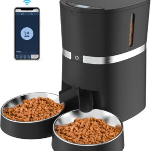 Smart Cat Feeder, WellToBe Automatic Cat Feeder WiFi Enable Pet Dog Food Dispenser App Control for Cat&Dog with Two-Way Splitter and Two Bowls, Voice Recorder Distribution Alarms, Portion Control