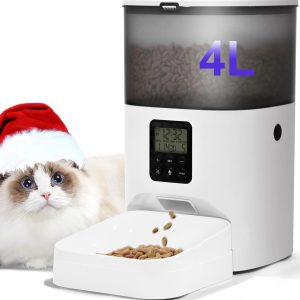 Automatic Cat Feeder, 4L Cat Food Dispenser with 10s Voice Recorder, Pet Feeder up to 8 Meals per Day, Timed Dog Feeder with Dry Food Sealed Ring (White, 4L-Basic)