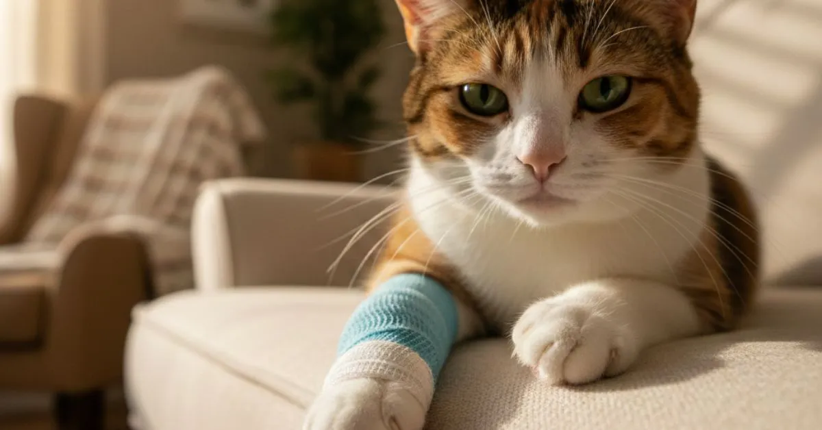 Cat with focus on its paws, symbolically bandaged paw showing awareness about declawing risks in 2026 with gentle compassionate tone