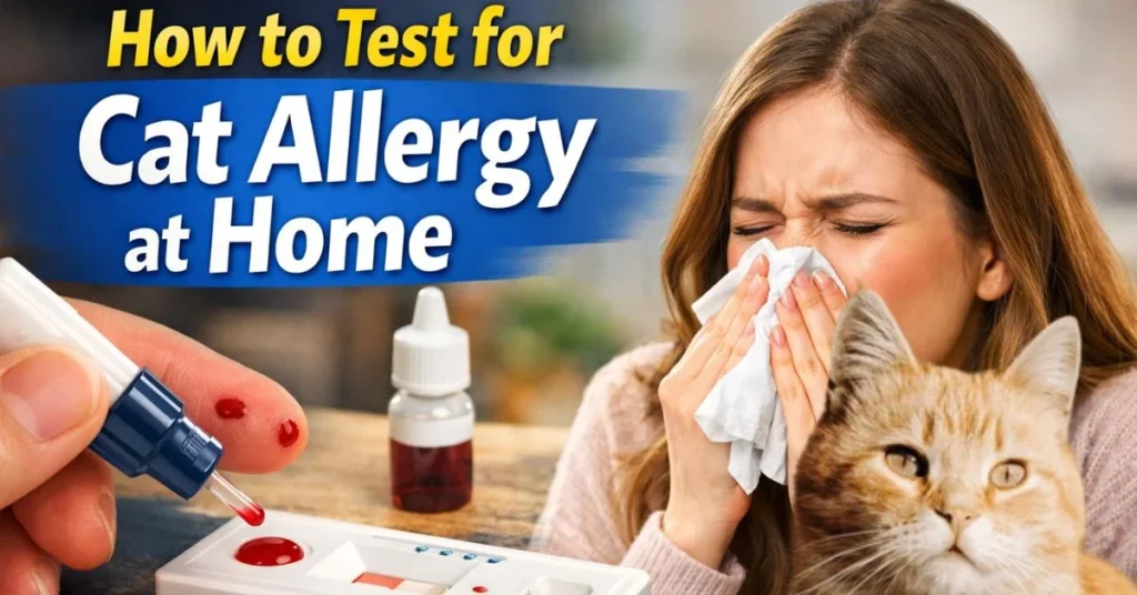 How to test for cat allergy at home – woman sneezing near cat with allergy test kit and clear symptoms