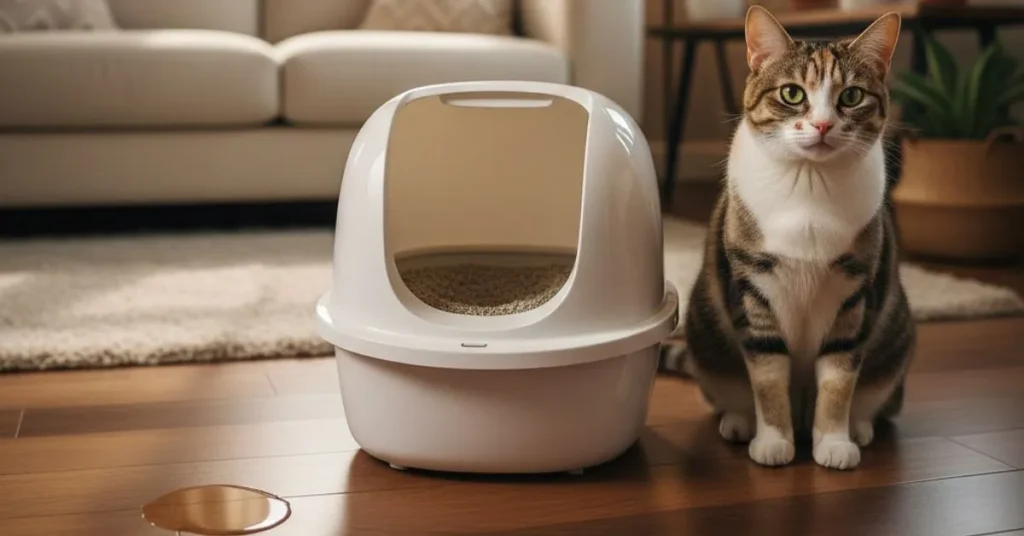 Confused house cat sitting near a clean litter box with a small urine spot on the floor, showing why cats pee outside the litter box but still poop in it.