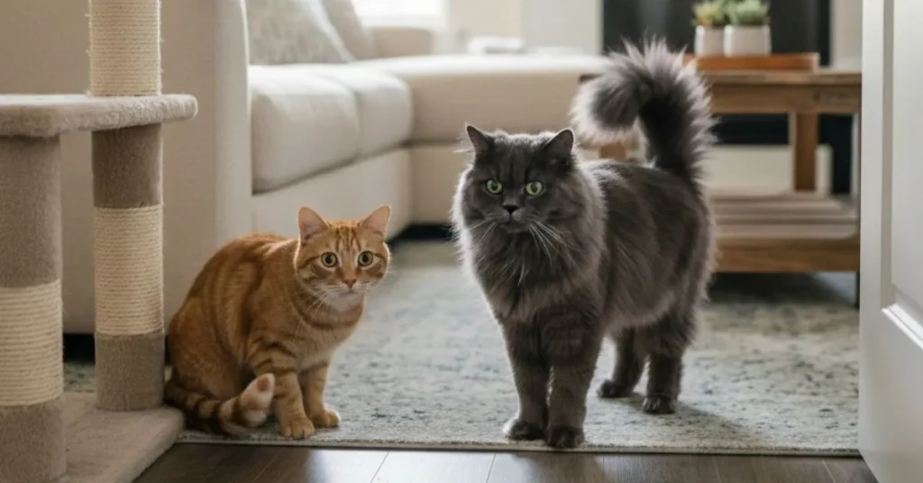 Cat bullying another cat in a home while the nervous cat seeks safety near a cat tree