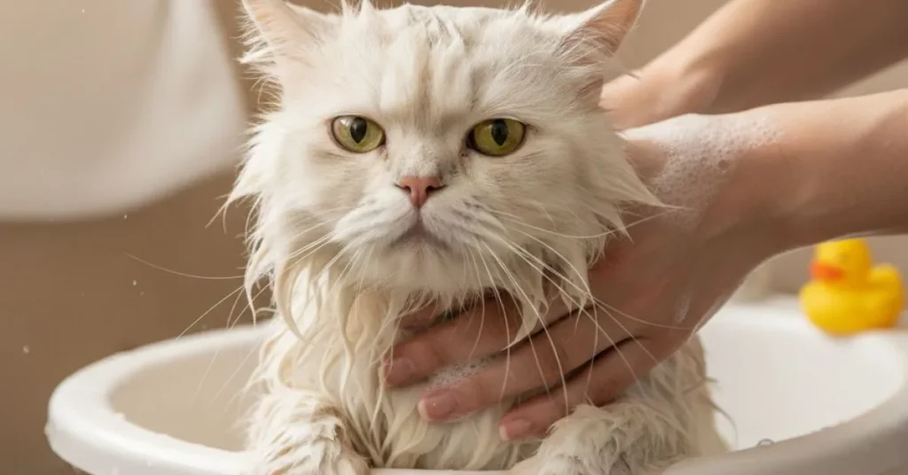 Persian cat being gently bathed in a small tub with shampoo, showing wet silky fur and soft soap bubbles.