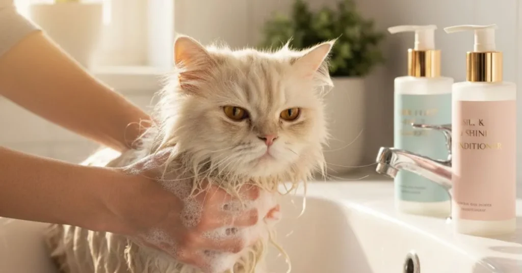 Fluffy Persian cat being gently bathed with shampoo by woman’s hands – Best shampoo and conditioner for Persian cats