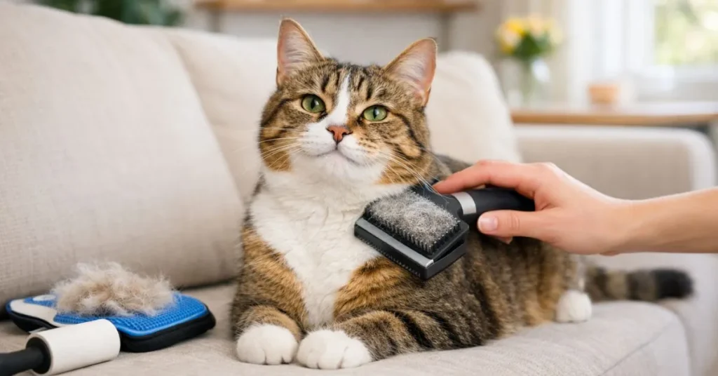 Healthy cat being gently brushed to reduce shedding, showing less loose fur in a clean, fur-free home environment.