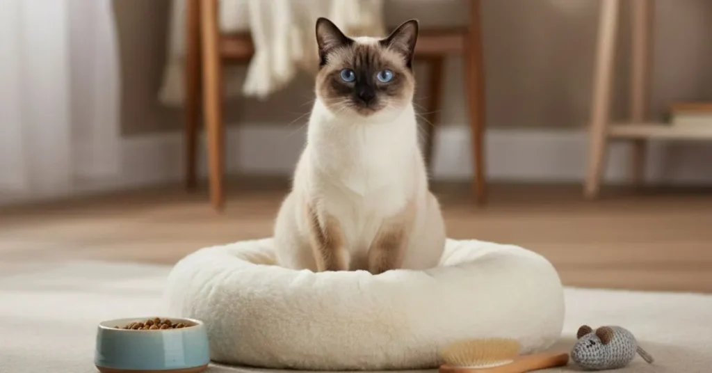 Siamese cat lying on a cushion with food, grooming brush, and toy nearby