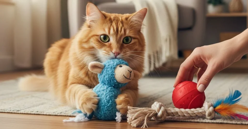 Cat being redirected from destroying soft plush toys to safer durable cat toys like rubber balls and feather wand, inside a cozy home.