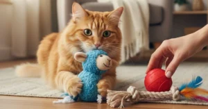 Cat being redirected from destroying soft plush toys to safer durable cat toys like rubber balls and feather wand, inside a cozy home.