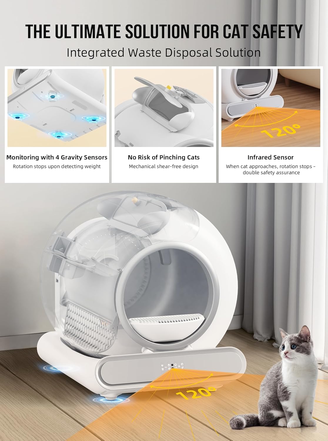 Expedman Automatic Self Cleaning Cat Litter Box with Mat & Liners, Large Capacity 65L+9L, APP Control/Suitable for Multiple Cats - White - Image 3