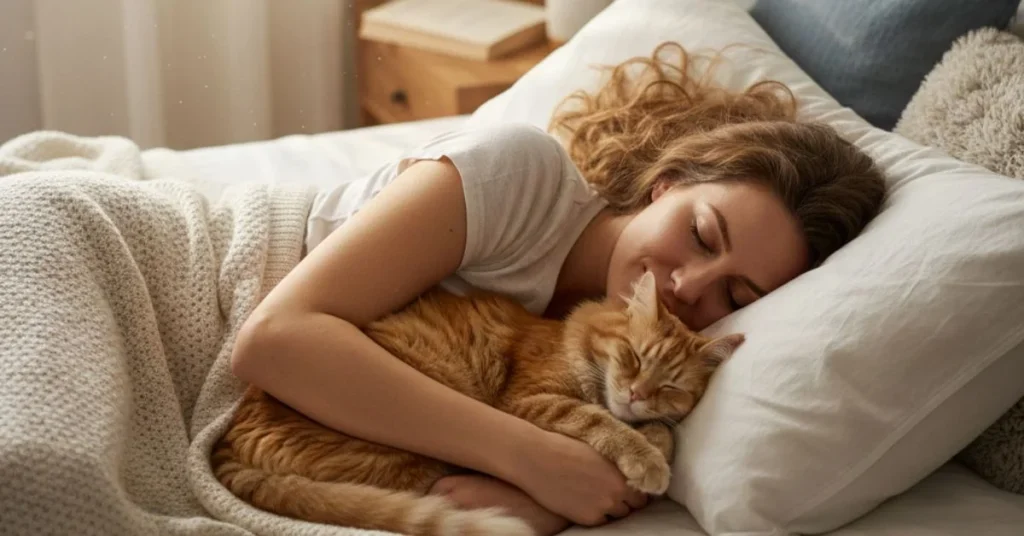 Domestic cat sleeping peacefully with woman on bed, showing trust and affectionate bond