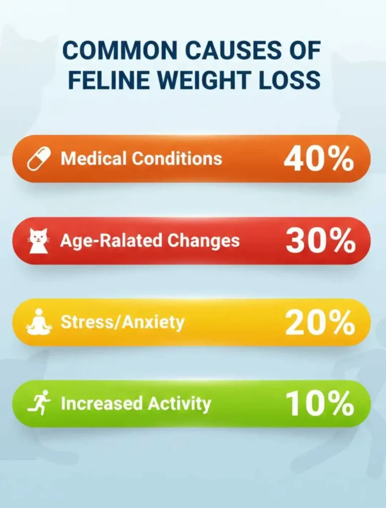 Bar chart infographic showing common causes of weight loss in cats including medical issues, age related changes, stress, anxiety and increased activity