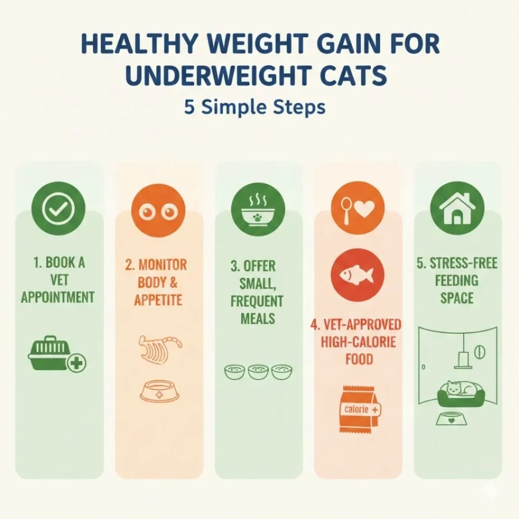 Step by step guide infographic explaining how to help an underweight cat gain weight including vet visit, frequent meals, high calorie diet and stress free feeding