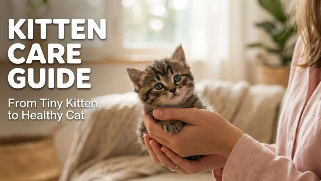Tiny kitten being gently held by hands in a warm home setting representing complete kitten care guide 2026 for new pet owners