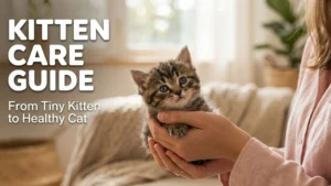 Tiny kitten being gently held by hands in a warm home setting representing complete kitten care guide 2026 for new pet owners