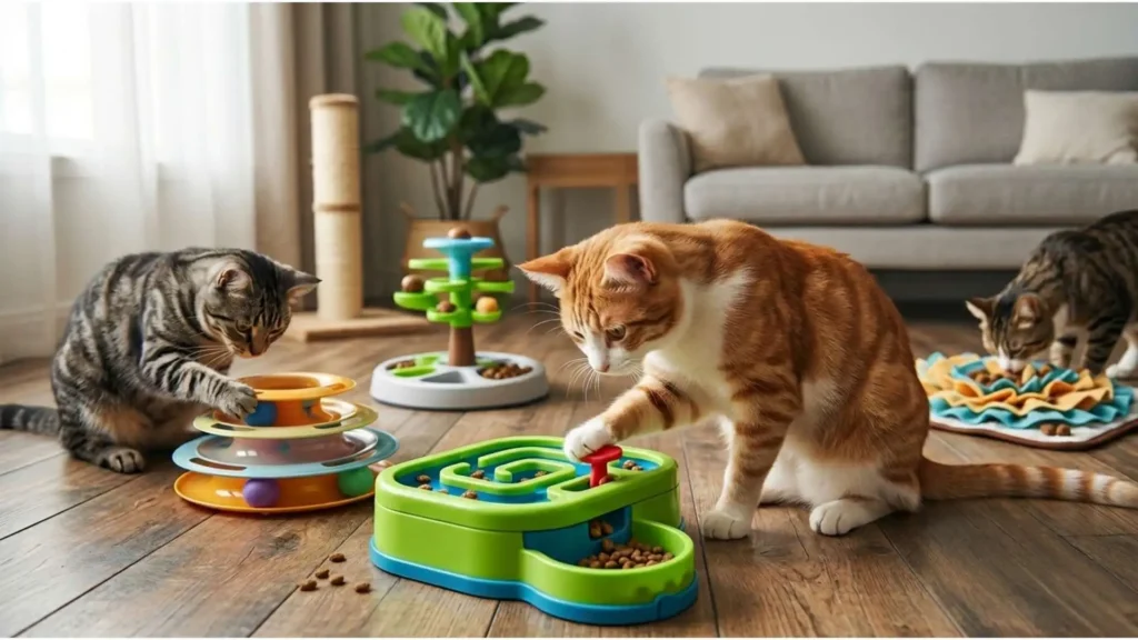 Cat solving a puzzle toy to stimulate intelligence and mental enrichment indoors