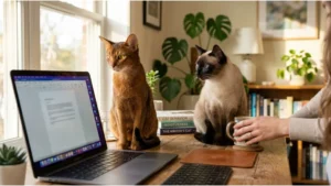 10 Intelligent Cats That Pick Up Human Habits Quickly – smart cat breeds including Abyssinian, Siamese, Bengal, Maine Coon, and Savannah observing and interacting with their owners